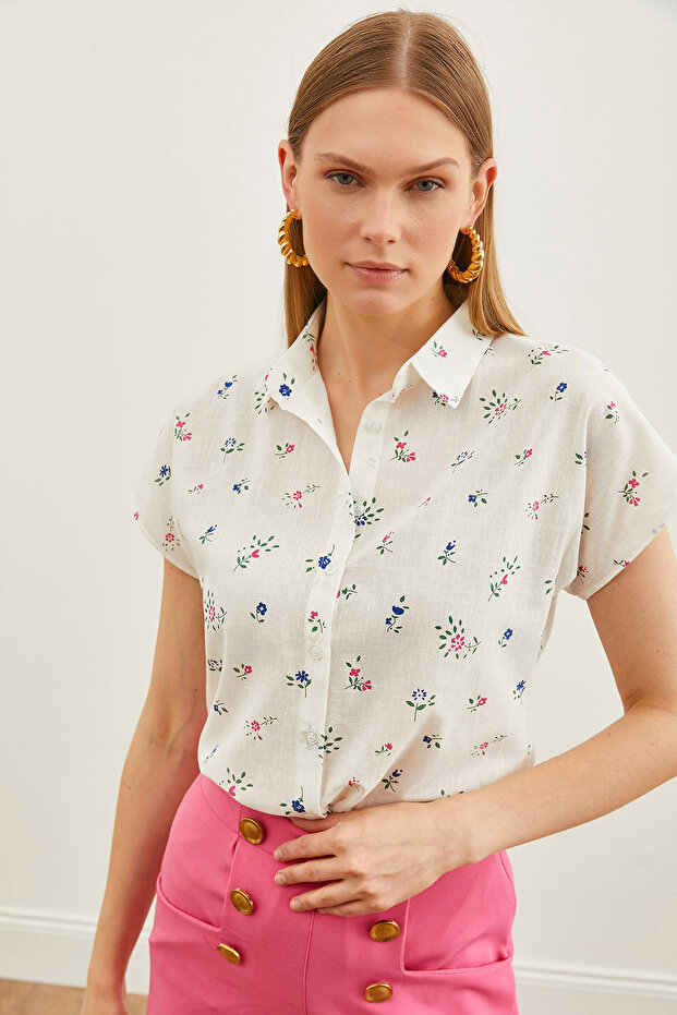 Women's Ecru Fuchsia Patterned Linen Bat Shirt GML-19001205