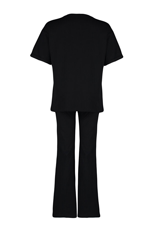 Siyah %100 Pamuk Oversize Kalıp İspanyol Paça Örme T-shirt/Pantolon Alt-Üst Takım TWOSS24AU00059 - 8