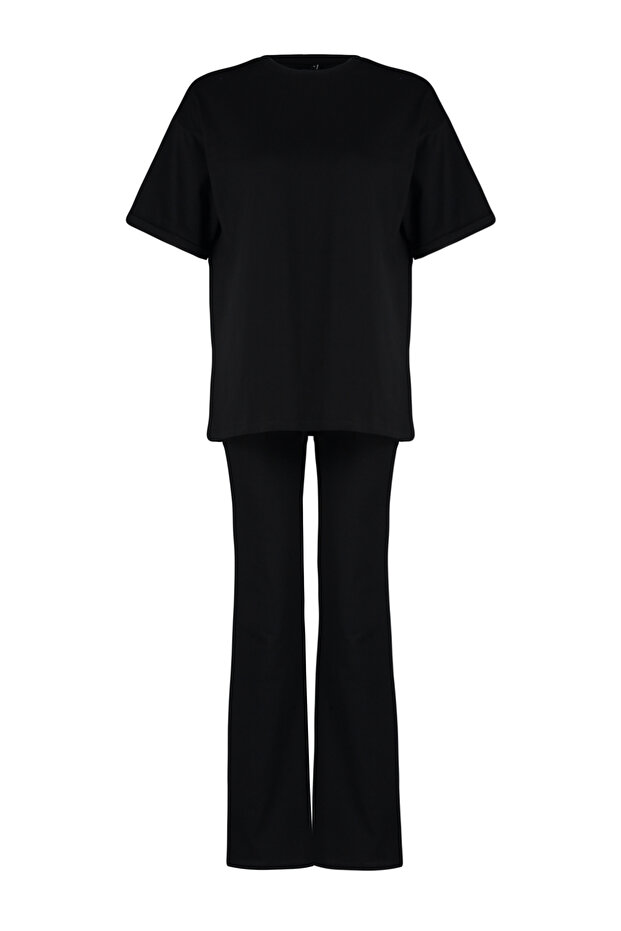 Siyah %100 Pamuk Oversize Kalıp İspanyol Paça Örme T-shirt/Pantolon Alt-Üst Takım TWOSS24AU00059 - 7