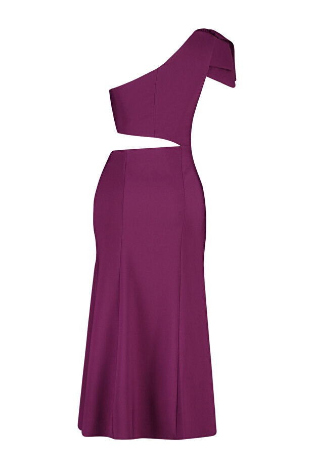 Mürdüm Fiyonklu Pencere/Cut Out Detaylı Dokuma Şık Abiye Elbise TPRSS24EL00196 - 8