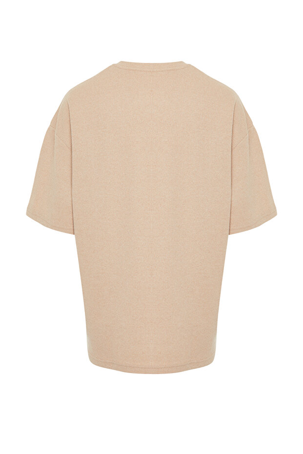 Camel Oversize/Geniş Kesim Bisiklet Yaka Kısa Kollu Basic Dokulu T-shirt TMNSS22TS00049 - 7