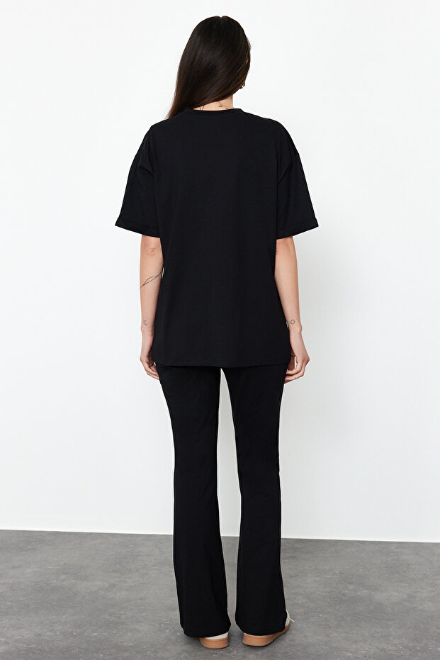 Siyah %100 Pamuk Oversize Kalıp İspanyol Paça Örme T-shirt/Pantolon Alt-Üst Takım TWOSS24AU00059 - 6