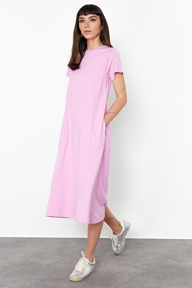 Pembe Düz T-shirt Elbise Cep Midi Örme Elbise TWOSS24EL00169 - 1