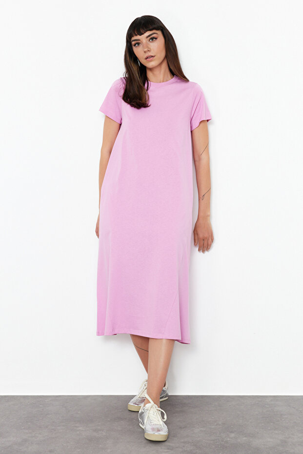 Pembe Düz T-shirt Elbise Cep Midi Örme Elbise TWOSS24EL00169 - 2