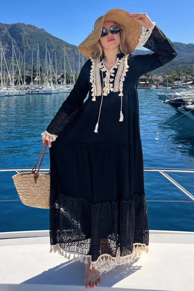 Women's Black Beige Placket Collar Sleeve and Hem Lace Pompom Detailed Lined Long Dress