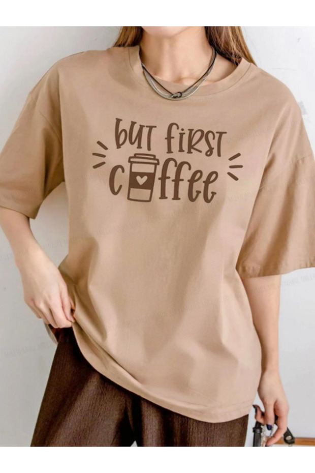 But First Coffee Camel Oversize Boyfriend Women's T-shirt