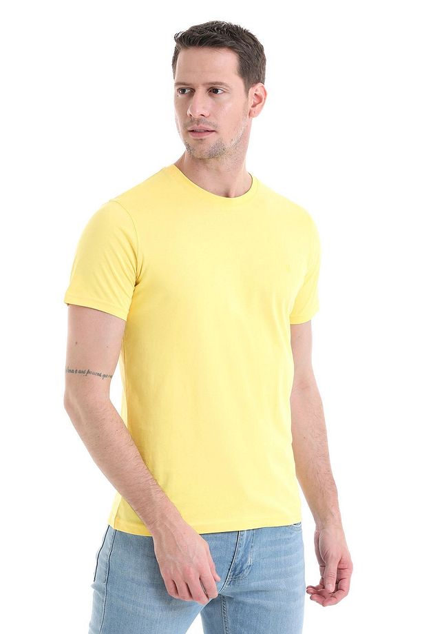 Sarı Regular Fit Düz 100% Pamuklu Bisiklet Yaka Tişört - 3