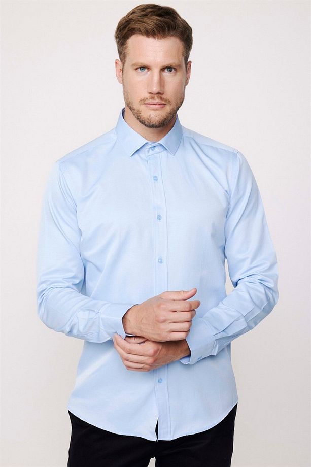 Modern Slim Fit Uzun Kollu Düz Saten Pamuklu Erkek Mavi Gömlek - 2