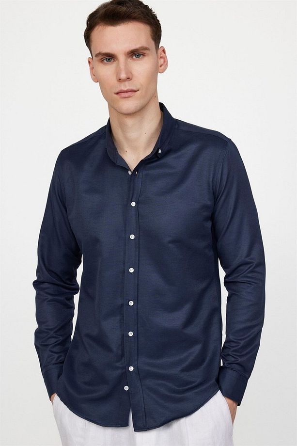 Slim Fit Uzun Kollu Düğmeli Yaka Pamuklu Kolay Ütü Düz Erkek Gömlek - 1