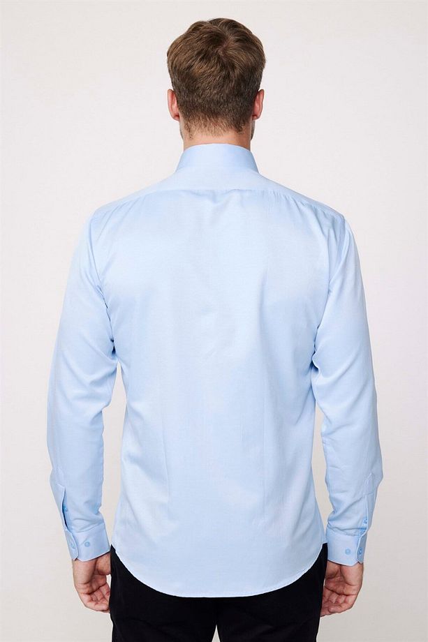 Modern Slim Fit Uzun Kollu Düz Saten Pamuklu Erkek Mavi Gömlek - 4