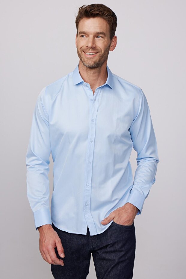 Modern Slim Fit Long Sleeve Plain Satin Cotton Men's Blue Shirt