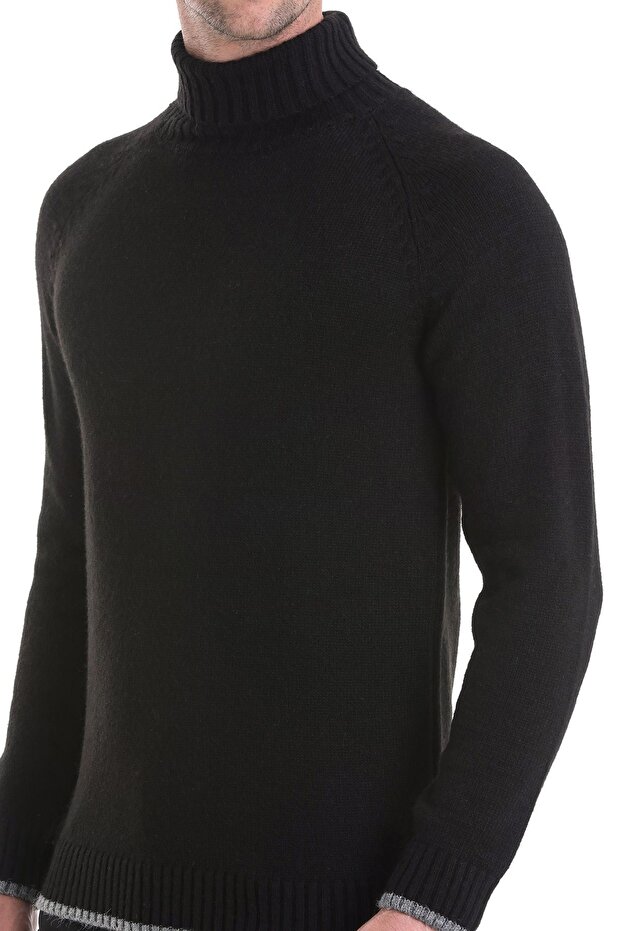 Siyah Regular Fit Düz Balıkçı Yaka Triko Kazak - 5
