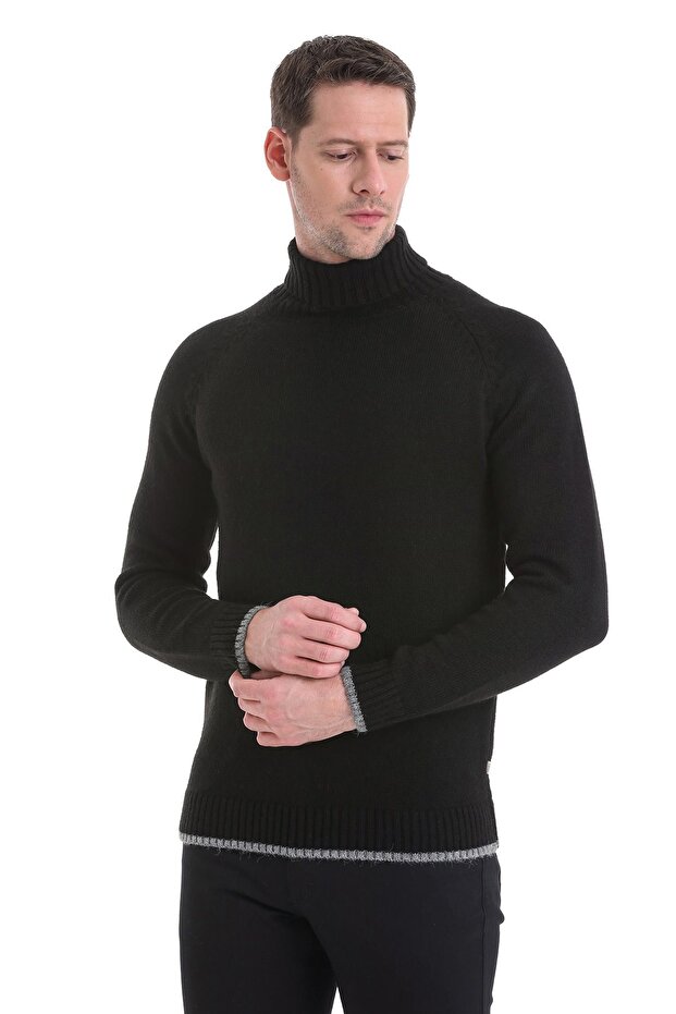 Siyah Regular Fit Düz Balıkçı Yaka Triko Kazak - 4