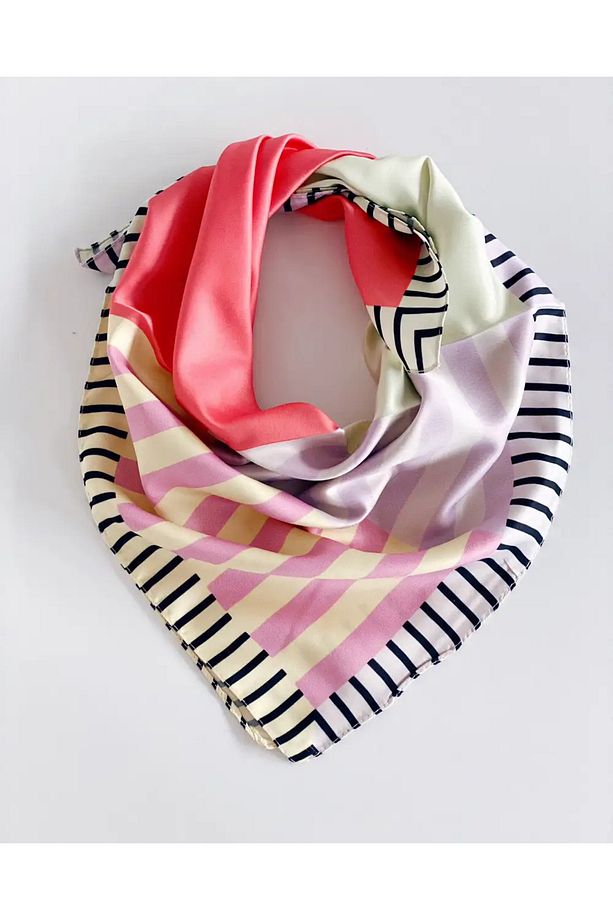 Pastel Renkler Modern Desenli Saten Fular - 2