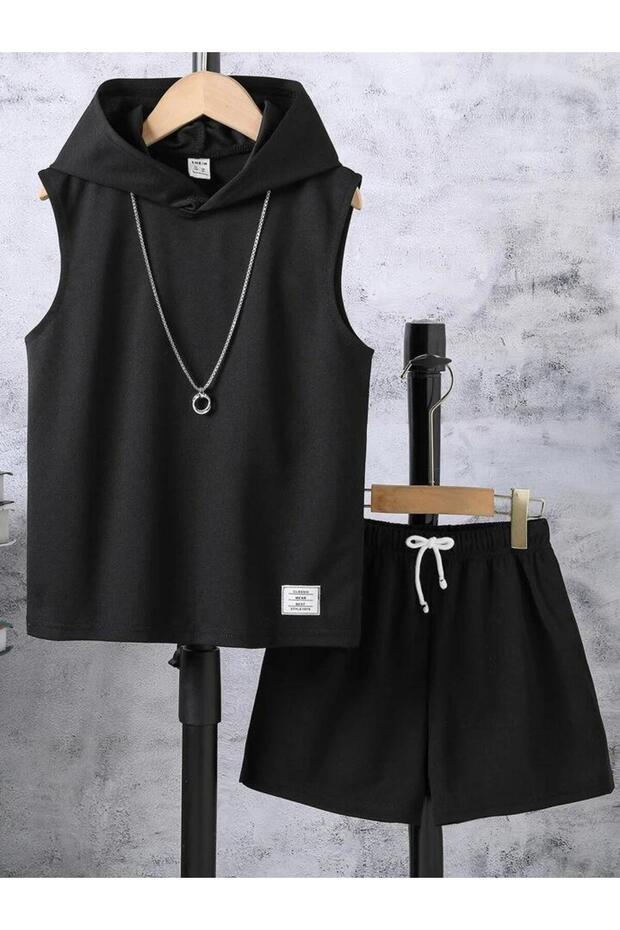 Children's Label Printed Sleeveless Hooded T-Shirt and Shorts Bottom Top Set