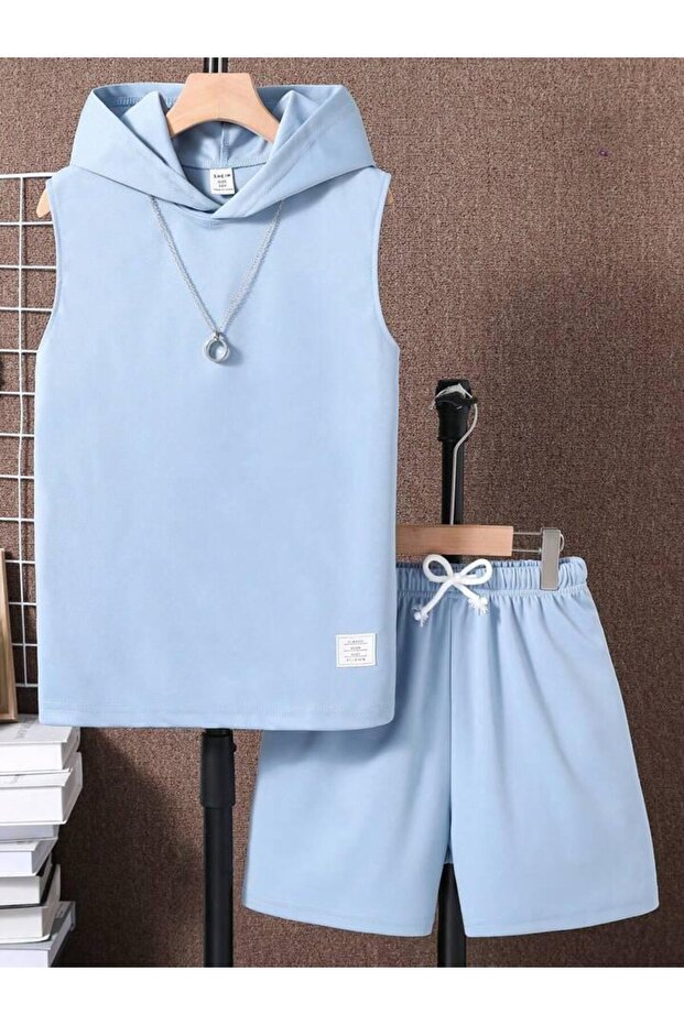 Unisex Plus Size Label Printed Sleeveless Hooded T-Shirt and Shorts Bottom Top Set