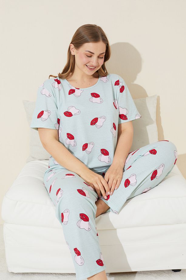 yeşil kalp dudak desenli Örme Curve Büyük Beden Battal Boy Pijama Takımı - 1
