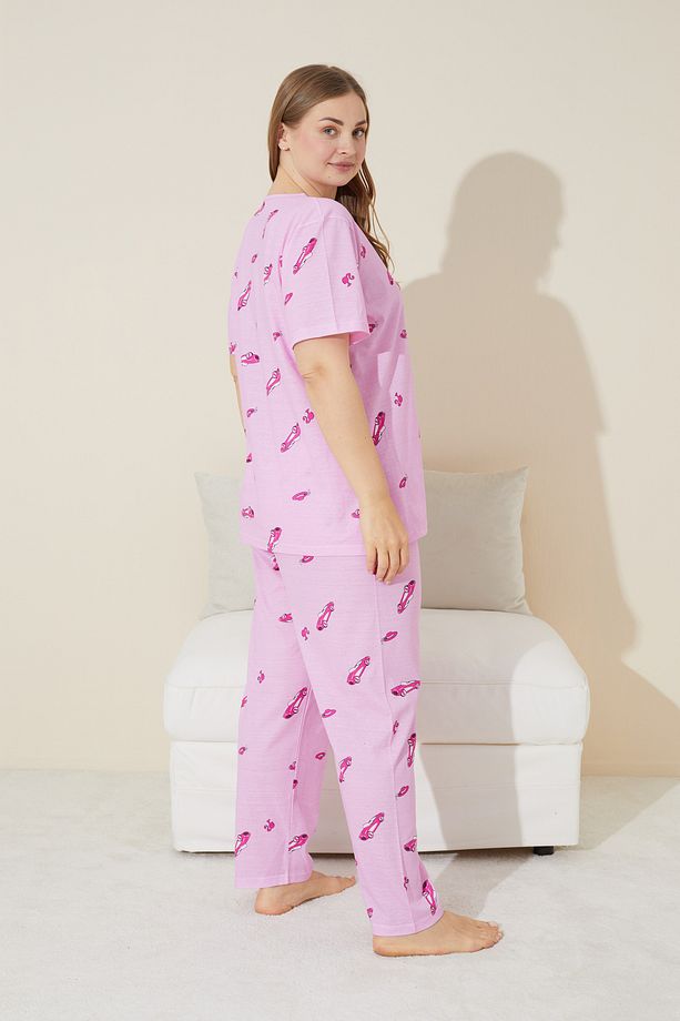 pembe araba desenli Örme Curve Büyük Beden Battal Boy Pijama Takımı - 3
