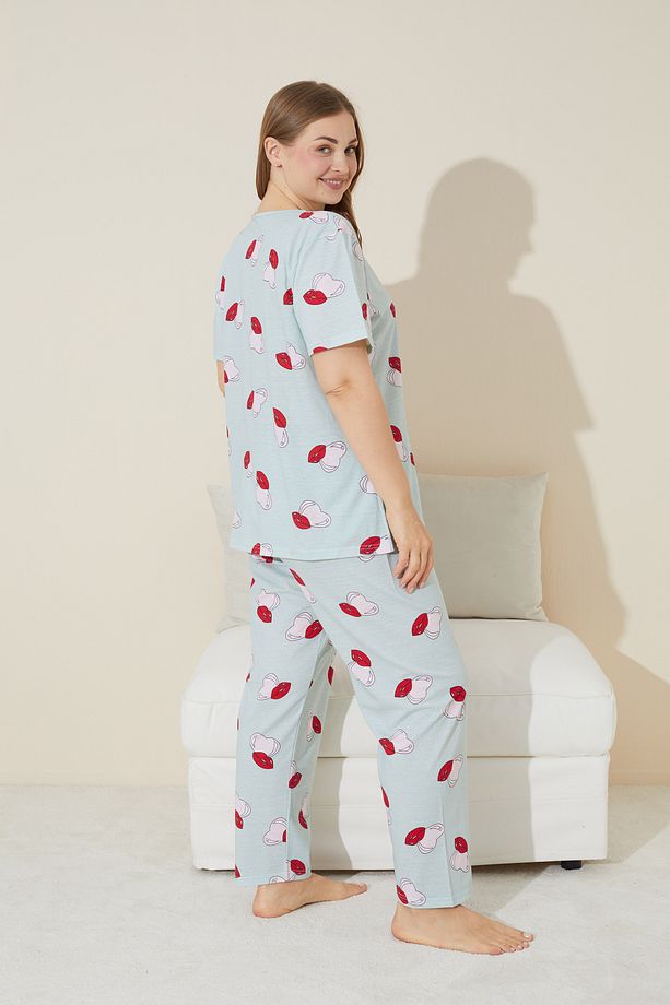 yeşil kalp dudak desenli Örme Curve Büyük Beden Battal Boy Pijama Takımı - 3