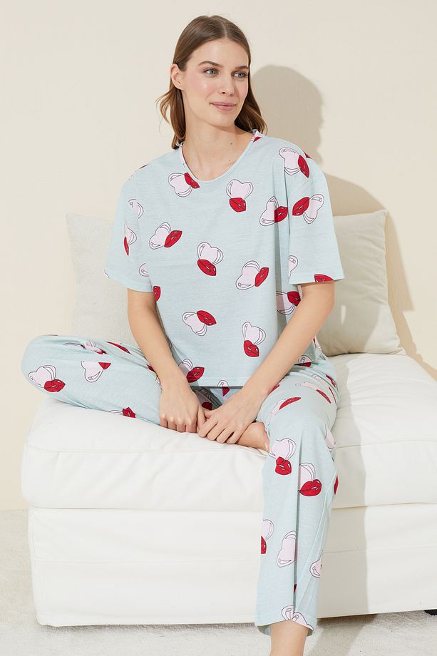 yeşil kalp dudak desenli Örme Pijama Takım - 1