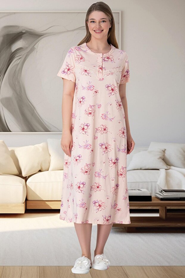 Women's Mother Flower Patterned Large Size Short Sleeve Nightgown - 100% Cotton