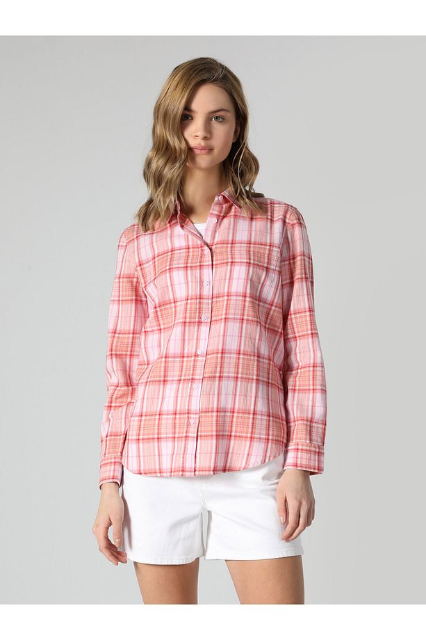 Regular Fit Kareli Pembe Kadın Uzun Kol Gömlek Cl1061880 - 4