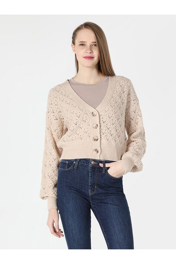 Regular Fit Düğmeli Bej Kadın Hırka Cl1062013 - 3