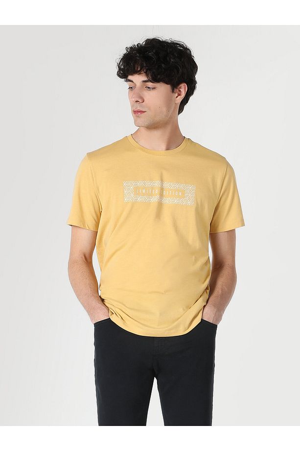 Regular Fit Bisiklet Yaka Baskılı Sarı Erkek Kısa Kol Tişört Cl1062495 - 4