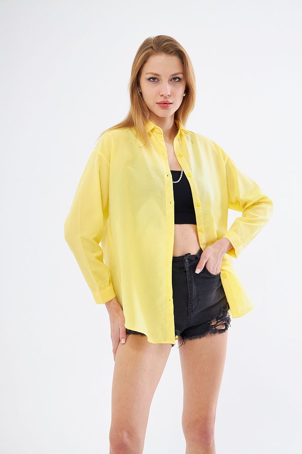 Kadın Sarı Oversize Uzun Basic Gömlek - 7