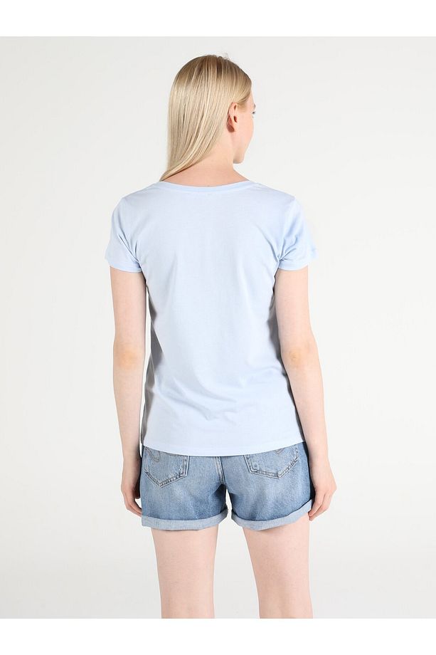 Regular Fit Bisiklet Yaka Örme Kadın Mavi Kısa Kol Tişört Cl1051374 - 2