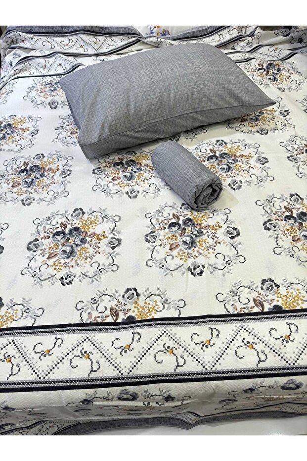Bouquet Patterned Bed Sheet with Elastic Single Pique Set - Gray - 2