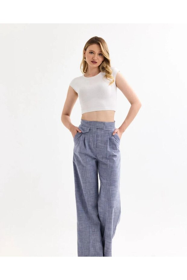 Women's Trousers - High Waist - Linen Fabric - Velcro Palazzo Trousers