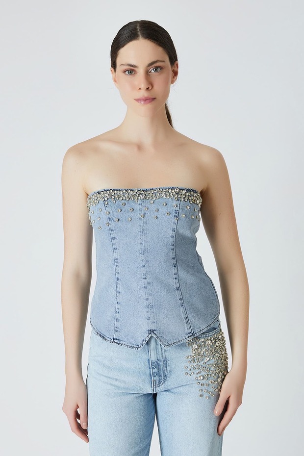 Taşlı denim büstiyer - 2