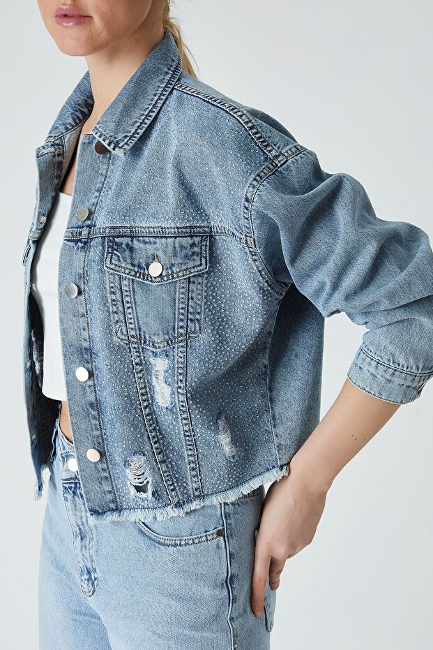 Taşlı mavi denim ceket - 4