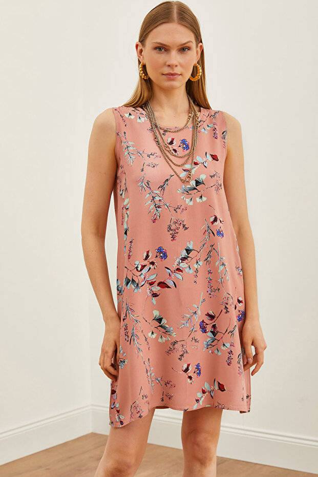 Women's Dried Rose Bird A Form Linen Viscose Dress ELB-19002139