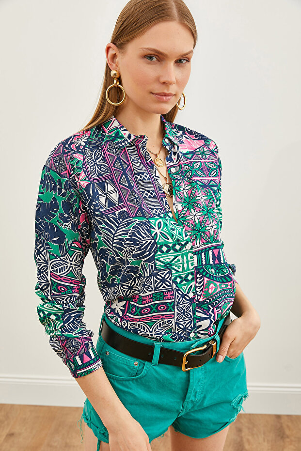Women's Patch Green Patterned Woven Viscose Shirt GML-19001204