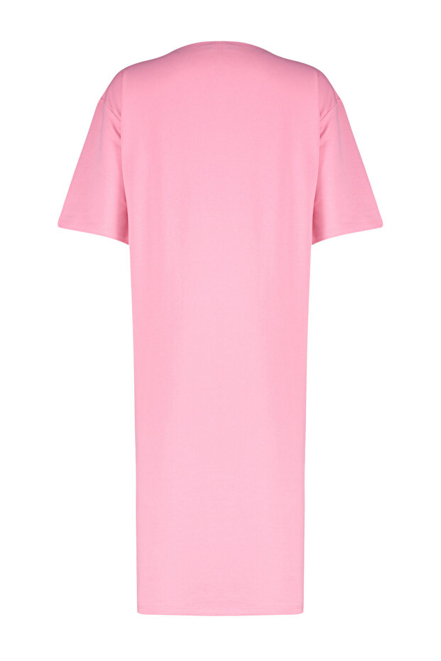 Pembe Nakışlı Relaxed/Rahat Kesim Bisiklet Yaka Midi Örme Elbise TWOSS21EL0175 - 8