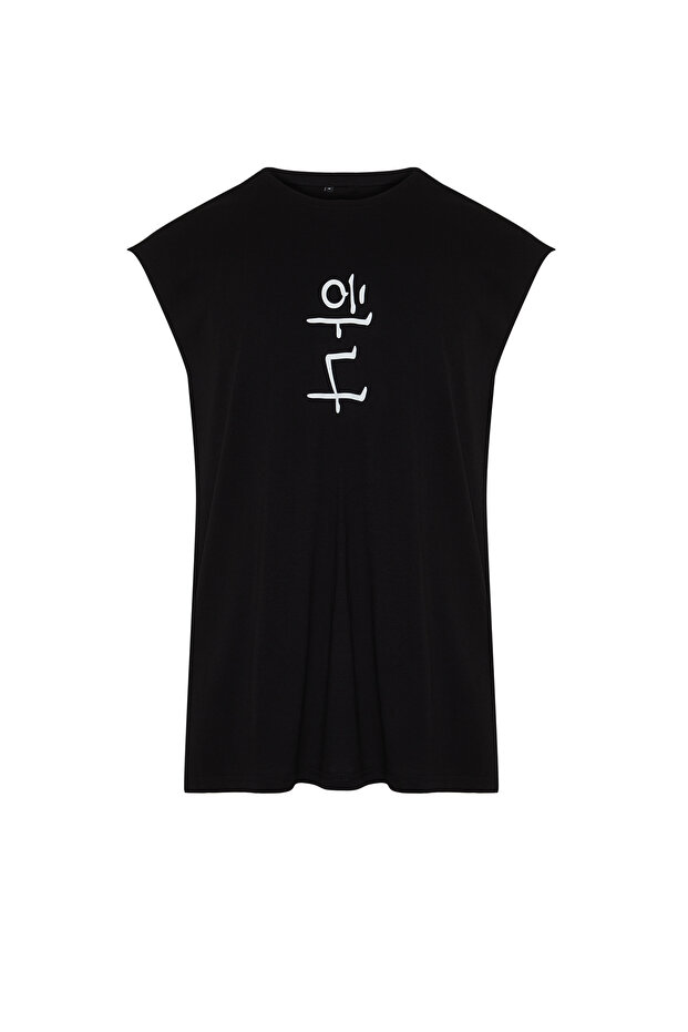 Siyah Oversize/Geniş Kesim Uzak Doğu Yazı Baskılı %100 Pamuklu T-Shirt/Atlet TMNSS22AL0108 - 7