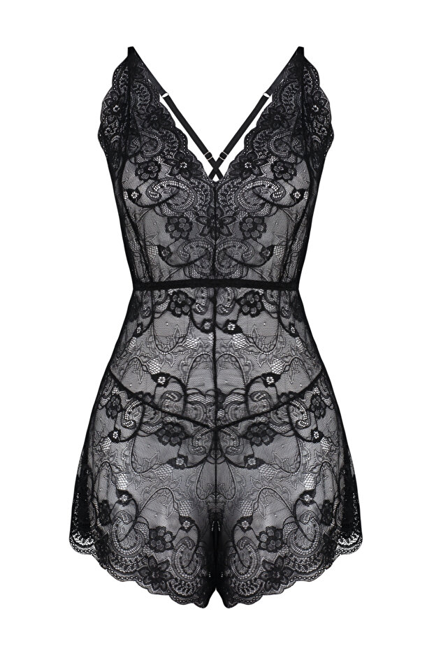 Siyah Dantel Örme Babydoll/Fantezi Gecelik THMSS24CY00000 - 9