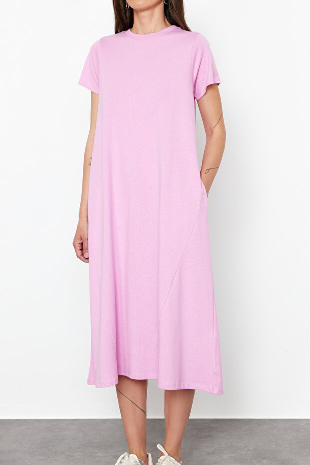 Pembe Düz T-shirt Elbise Cep Midi Örme Elbise TWOSS24EL00169 - 5