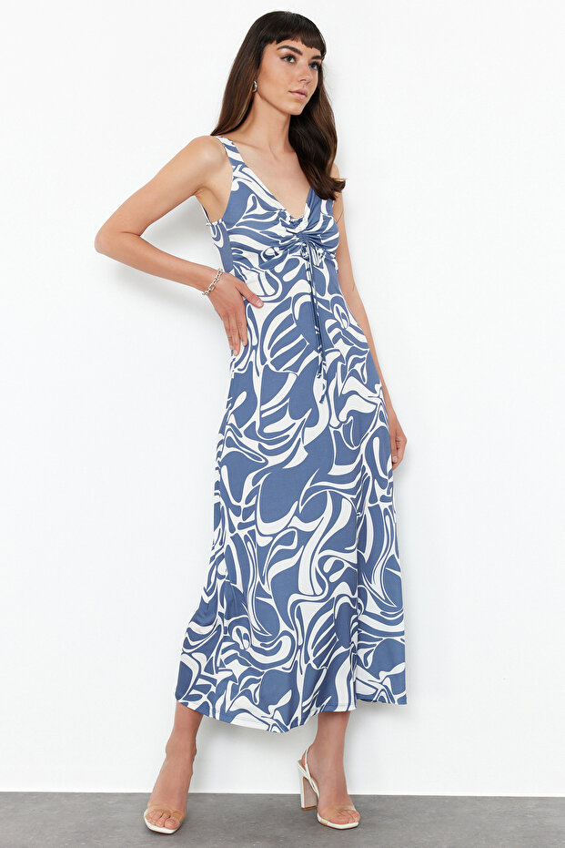 Indigo Fitted/Vücuda Oturan Büzgü Detaylı Kolsuz Esnek Örme Maxi Elbise TWOSS24EL00788 - 2