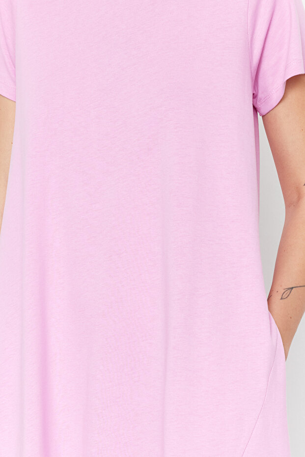 Pembe Düz T-shirt Elbise Cep Midi Örme Elbise TWOSS24EL00169 - 4