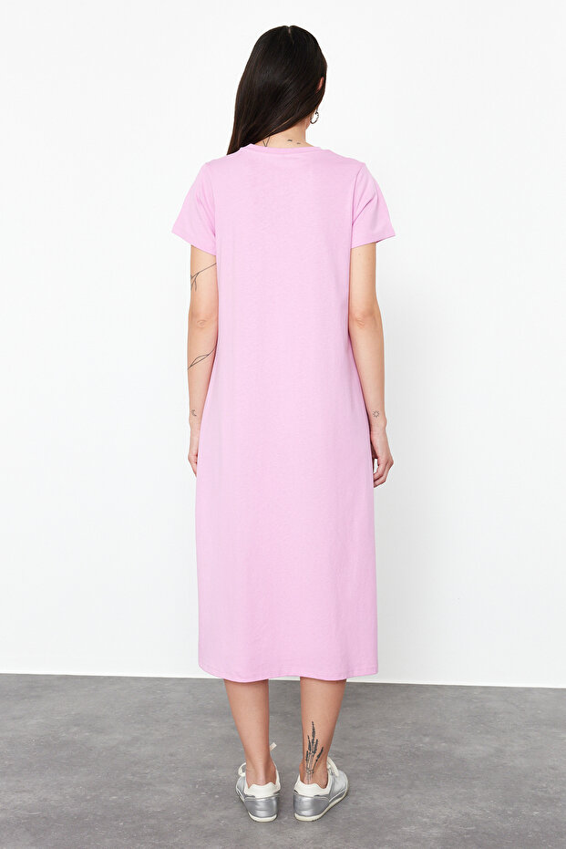 Pembe Düz T-shirt Elbise Cep Midi Örme Elbise TWOSS24EL00169 - 6