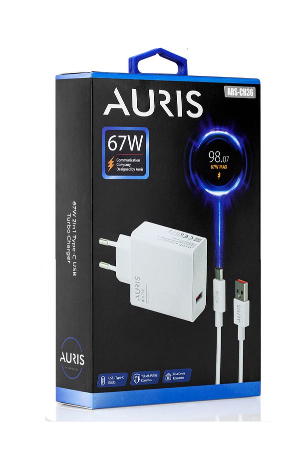 Auris 67 Watt Hızlı Şarj Aleti Type C Kablo + USB Şarj Başlığı Yüksek Hızlı Şarj Göstergesi Çıkaran - 1