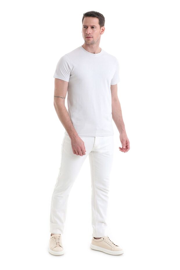 Ekru Regular Fit Düz 100% Pamuklu Bisiklet Yaka Tişört - 2