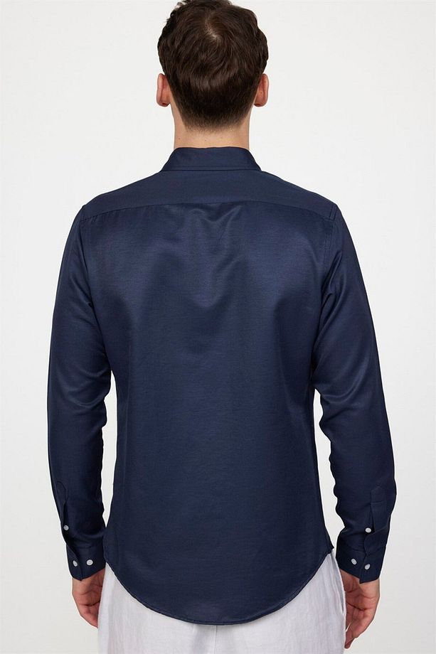 Slim Fit Uzun Kollu Düğmeli Yaka Pamuklu Kolay Ütü Düz Erkek Gömlek - 4