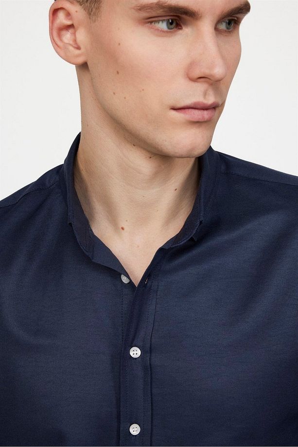 Slim Fit Uzun Kollu Düğmeli Yaka Pamuklu Kolay Ütü Düz Erkek Gömlek - 3
