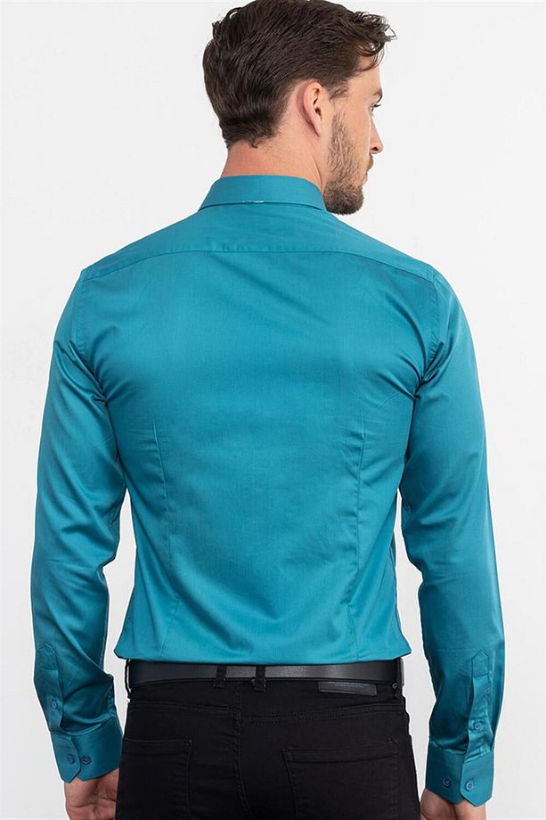 Slim Fit Uzun Kollu Düz Ince Pamuk Saten Erkek Petrol Gömlek - 4