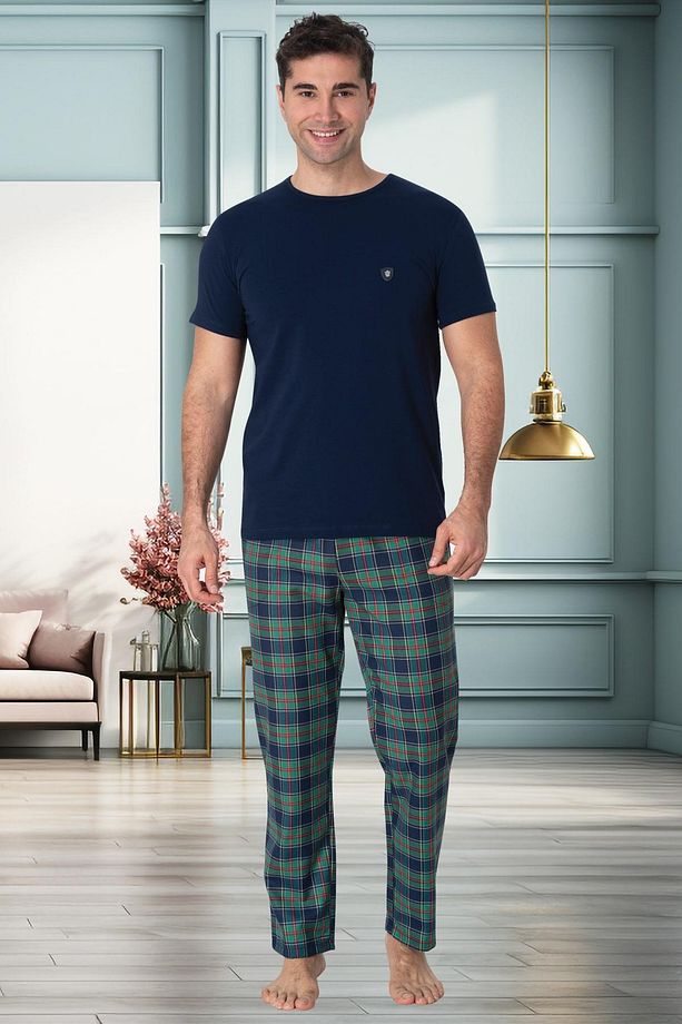 Kısa Kollu Ekoseli Büyük Beden Erkek  Pijama Takımı %95 Pamuk %5 Lycra - 1