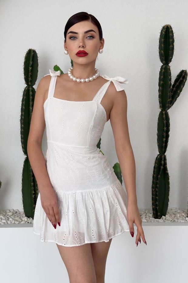 Women's White Embroidery Fabric Strapless Collar Lacing Design Strappy Flared Mini Dress 251